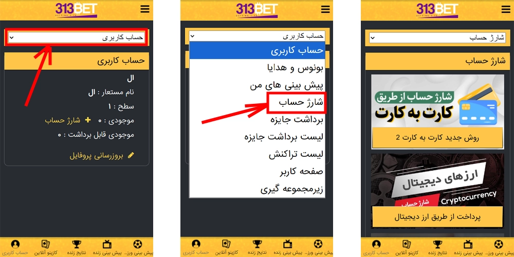 شارژ حساب و برداشت وجه در اپلیکیشن 313 بت آیفون